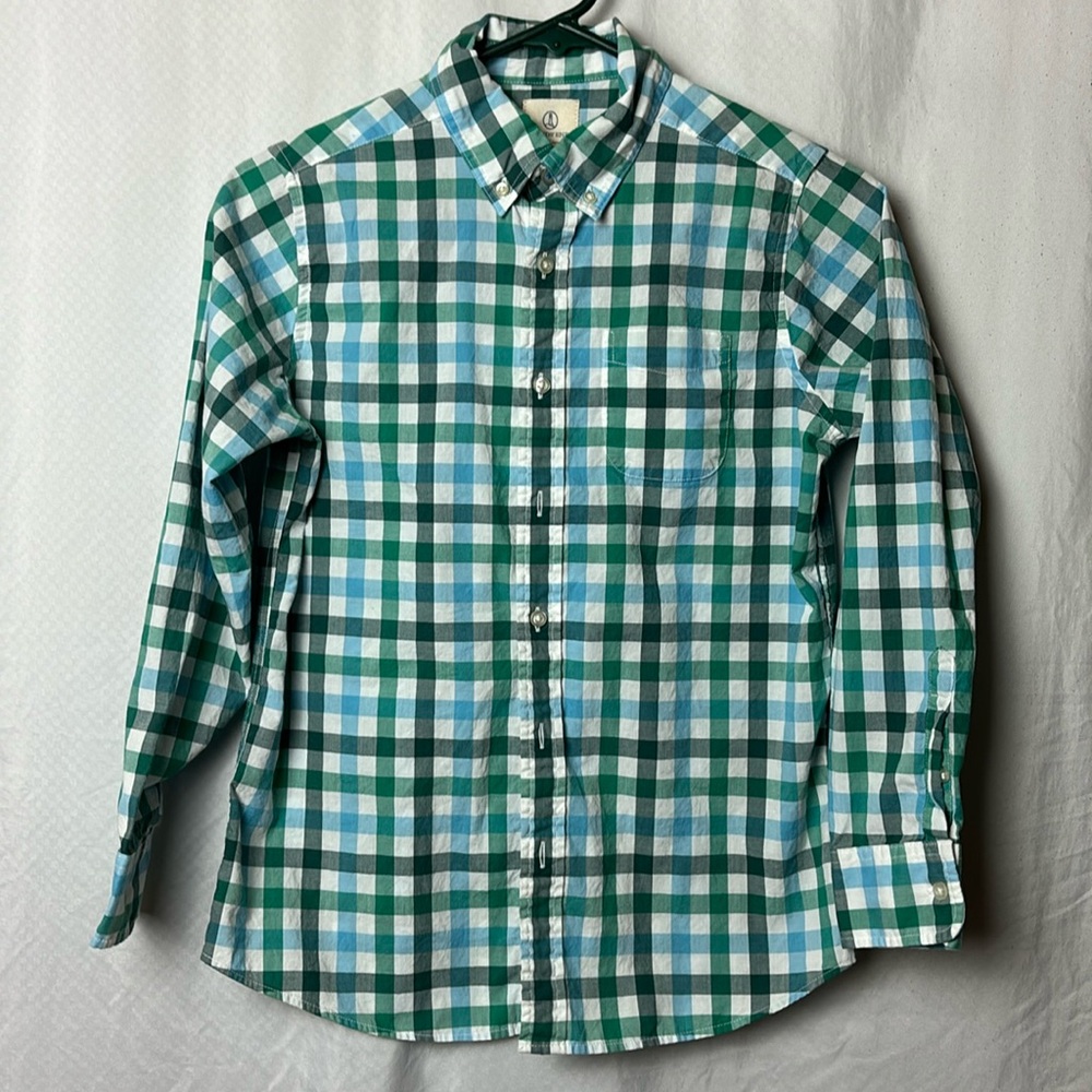 LANDS' END Boys Long Sleeve Blue Green Plaid Button Down Size Medium